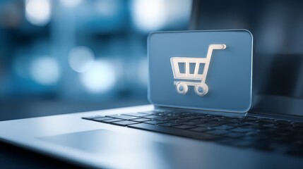 A shopping cart icon on a laptop represents "The Future of Online Shopping," "Mobile Commerce Trends," or "UI/UX for Retail".