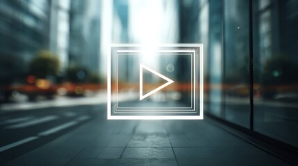 A glowing, white "Play" triangle is framed by multiple thin, concentric rectangular borders. A landing page for a video news outlet, a "City Guide" app, or a documentary series about urban life.
