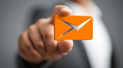 A businessman's hand grips an orange envelope emblem. In a corporate presentation, "Direct Delivery," "Secure Communications," and "Professional Networking" are represented.