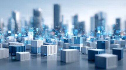 A collection of blue and white shipping containers of various sizes scattered across a reflective, flat surface.