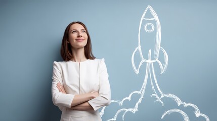 A woman stands with her arms crossed on a hand-drawn rocket ship wall, symbolizing the "startup phase" or the first spark of a major idea, where vision meets professional execution.