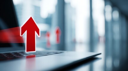 A sleek, modern laptop with a sequence of bright red upward-pointing arrows emerging from the keyboard denotes rapid mobility and ongoing improvement.