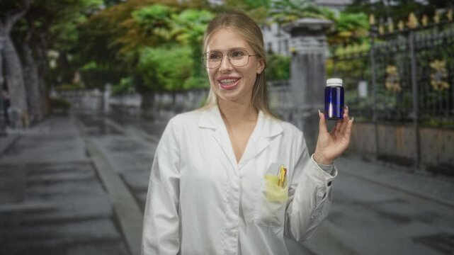 Woman in white coat wearing glasses hand holding blue bottle and smiling on wet street near ornate fence; health wellness confidence.