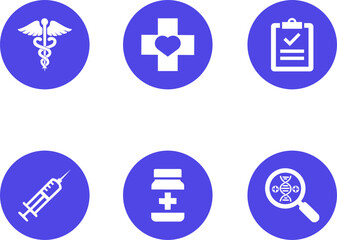 Fototapeta premium Healthcare Icon Collection in Indigo, Vibrant Minimalist Medical Symbols Set including Caduceus, Medical Cross, and Syringe for UI Web Design
