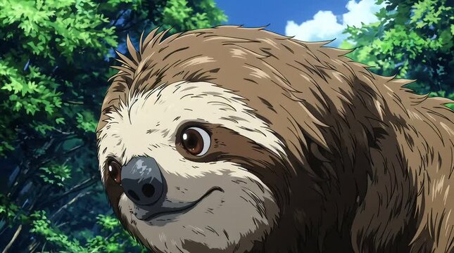 Animated Anime Cute Slow Sloth Smiling on Tree Branch in Lush Forest Environment