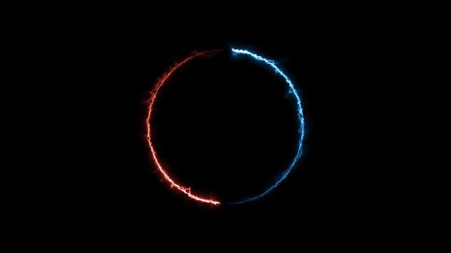 Circle neon sign fire light effects blue and red electric 4k animation video with alpha channel. A glowing red heart shape shines like a solar eclipse ring, casting a bright vector fire smoke 