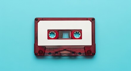 Fototapeta premium Vintage red cassette tape isolated on a vibrant blue background, retro music concept.