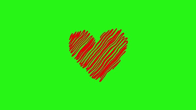 Red scribble heart icon animation on green screen background