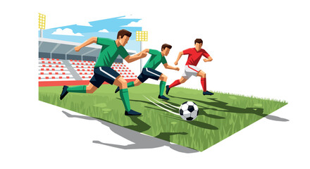 Fototapeta premium three soccer players running chasing ball on stadium field in dynamic flat style sports illustration