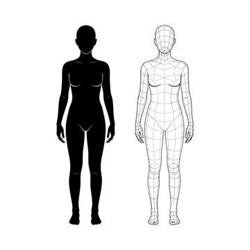 Wireframe and silhouette of a female human body 3d model technical illustration contrasting black and white design