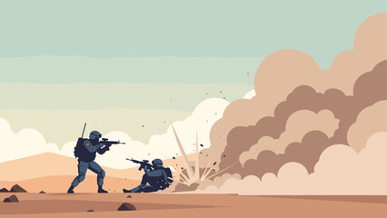 Obraz premium two soldiers in combat holding rifles with explosion and dust cloud background military illustration
