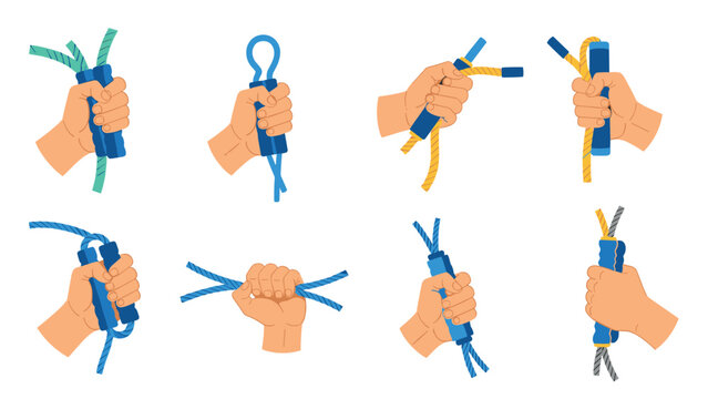 hands holding jump rope with different grips flat hand drawn icons set for fitness and exercise illustration