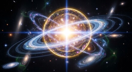 Obraz premium Brilliant cosmic sphere radiates intense light surrounded by swirling galaxy systems in deep space