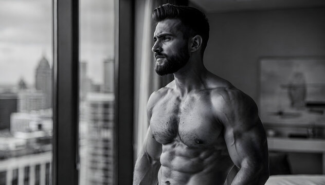 Muscular man with a beard stands shirtless by a large window, looking thoughtfully at the city skyline outside, capturing strength and contemplation in black and white
