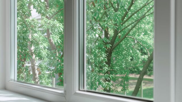 New plastic PVC window with white metal frame installed at modern house, city street urban view. Typical installation of insulated glazing windows. uPVC frame high thermal insulation values in room