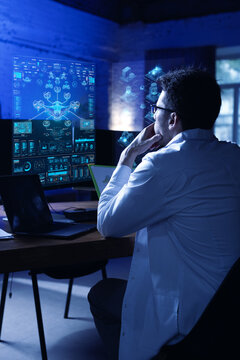 Advanced artwork. Business analyst studying futuristic drone control dashboard. Concept of high tech system monitoring, infrastructure management and digital operations analytics.