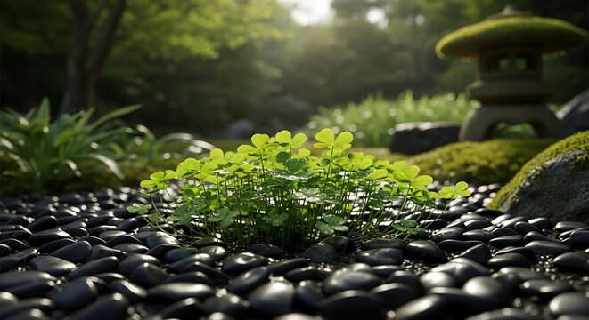 Bright green clover sprouts emerge from a path of wet, dark polished stones in a serene garden setting