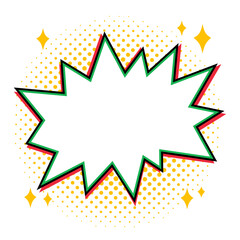 Fototapeta premium Comic starburst shape with blank center, green and red outline burst with yellow halftone dots and sparkle accents in retro pop art vector style. Starburst shape sticker for promo banners and sale