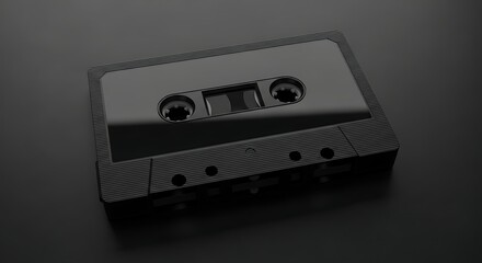 Fototapeta premium Close-up shot of a black audio cassette tape on a dark surface, retro technology.