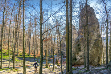 Obraz premium Male hiker exploring sandstone rock formation in sunlit autumn forest landscape