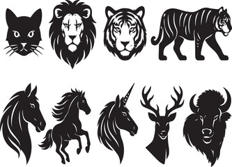 Obraz premium Majestic Wild & Mythical Animal Vector Icons Set: Lion, Tiger, Horse, Unicorn, Deer, Bison, Cat. Collection of Stylized Silhouettes for Logos, Emblems & Design Projects.