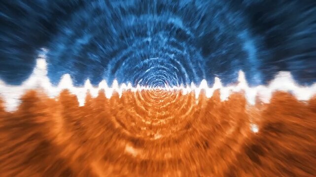 Abstract high frequency pulse effect with contrasting blue and orange tones creating a dynamic visual tunnel perspective