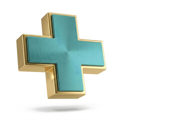 3D metallic medical cross icon teal gold premium healthcare symbol isolated white