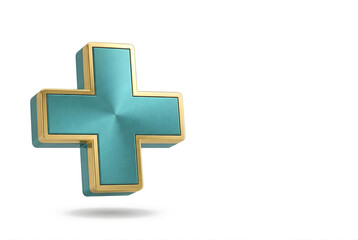 Fototapeta premium Top down flat lay of 3D metallic medical cross icon teal gold premium healthcare symbol isolated