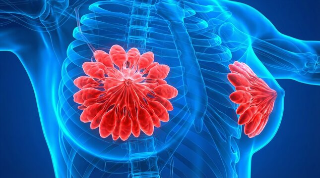 Detailed 3D depiction of red female mammary glands, on blue background