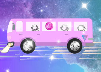 Pink school bus with disco ball wheels transporting young astronauts on an intergalactic highway in outer space with backdrop purple, blue and green nebula clouds and twinkling stars © the frenchy viet