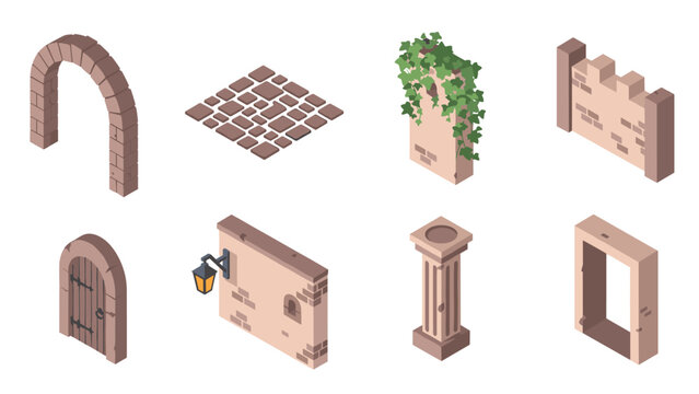 isometric medieval stone architecture elements set with arch door column wall and cobblestone path in hand drawn style