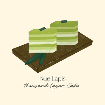 Hand drawn illustration traditional layered market cake kue lapis on clean background ideal for culinary branding, menu design, packaging, food blogs,  cultural education materials.
