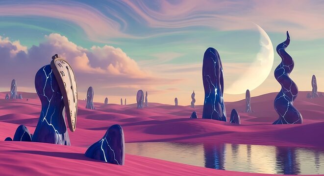 Surreal alien desert landscape features melting timepiece resting upon strange blue monolith structure under pastel sky