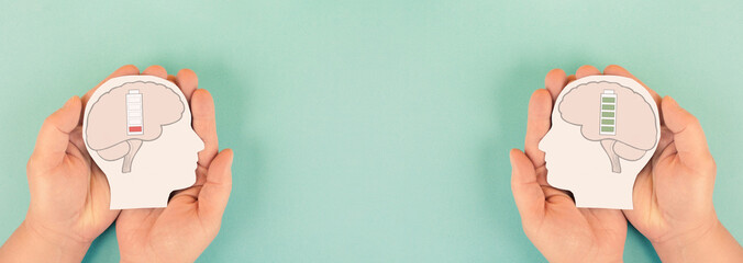 Mental health, burnout, stress, anxiety or well being, positive thinking mind, energy level of exhaustion to recovering