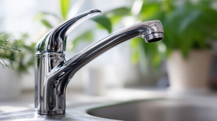 Elegant chrome faucet design in a modern kitchen setting with green plants and soft natural light