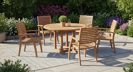 Outdoor Dining Set on Patio with Lush Greenery.