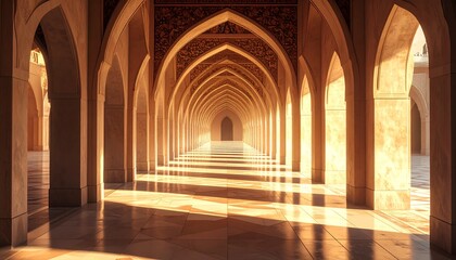Obraz premium Sunlight streaming through an ornate Islamic architectural arcade with intricate arches and columns