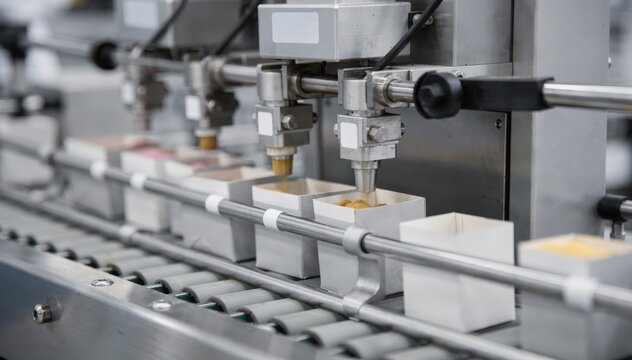 Medium shot of small cartons swiftly filled sealed and labeled on a conveyorfed automated pigment packing line highlighting compact packaging efficiency.
