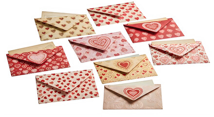 Obraz premium Collection of colorful heart patterned envelopes isolated on transparent background
