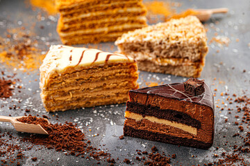 Variety of layered cake slices with chocolate caramel and nut toppings arranged on textured dark...
