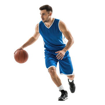 Basketball Player Dribbling Blue Ball on Black Background male athlete isolated on a transparent background