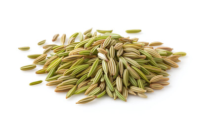 A heap of dried fennel seeds isolated on a clean white background