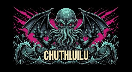 Fototapeta premium Terrifying monstrous sea creature with tentacles and wings emerging from crashing ocean waves against a vibrant background