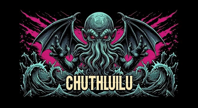 Terrifying monstrous sea creature with tentacles and wings emerging from crashing ocean waves against a vibrant background