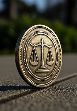 Gold coin showing a scale of justice emblem on a surface. Concept of law, court, truth, and legal system. Symbol of balance for advocate.