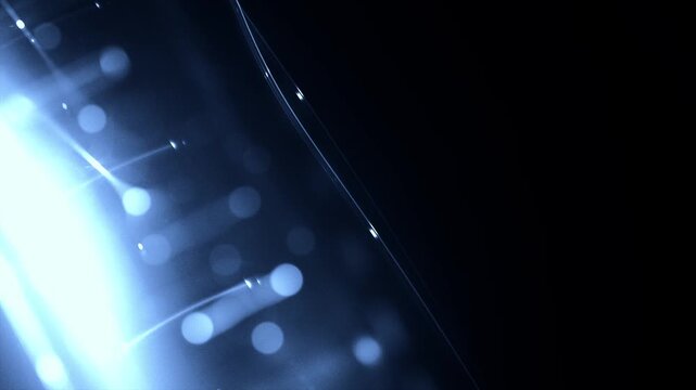 Futuristic neon cube in dark cyber space &ndash; glowing blue wireframe structure with energy particles and bokeh lights &ndash; abstract tech visualization, technology, science, data, progress, architecture
