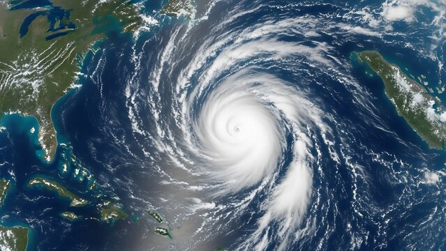 Aerial view of a large swirling hurricane over the ocean with visible landmasses storm cyclone swirling clouds