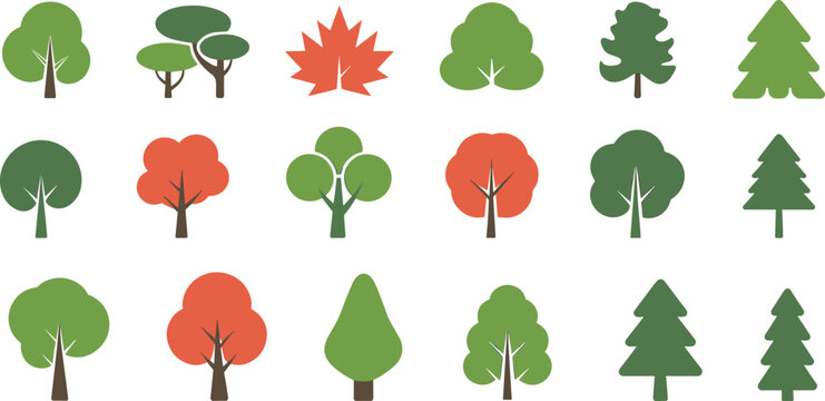 Flat tree icon set, colorful forest collection with autumn and evergreen trees isolated on white background vector illustration