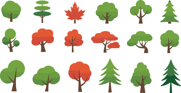 Flat tree icon set, colorful forest collection with autumn and evergreen trees isolated on white background vector illustration