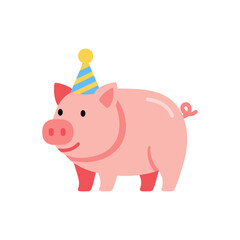 Fototapeta premium Cute cartoon pink pig wearing a festive blue and yellow striped party hat, celebrating a birthday or special occasion.